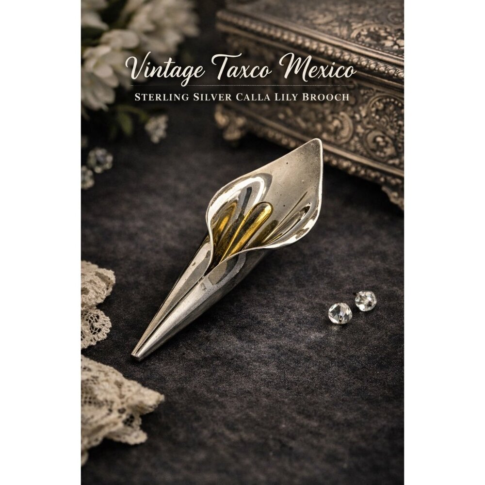 Vintage Taxco Mexico Sterling Silver Calla Lily Brooch 4" Elegant Floral Design